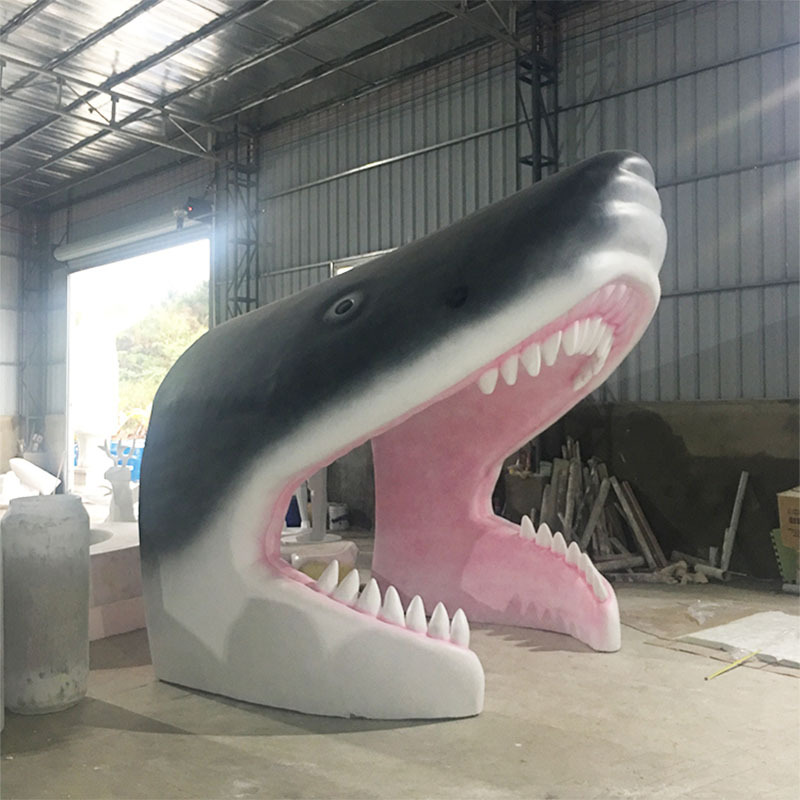 海洋馆户外玻璃钢鲨鱼头雕塑创意玻璃钢仿真海洋动物旅游景点雕塑