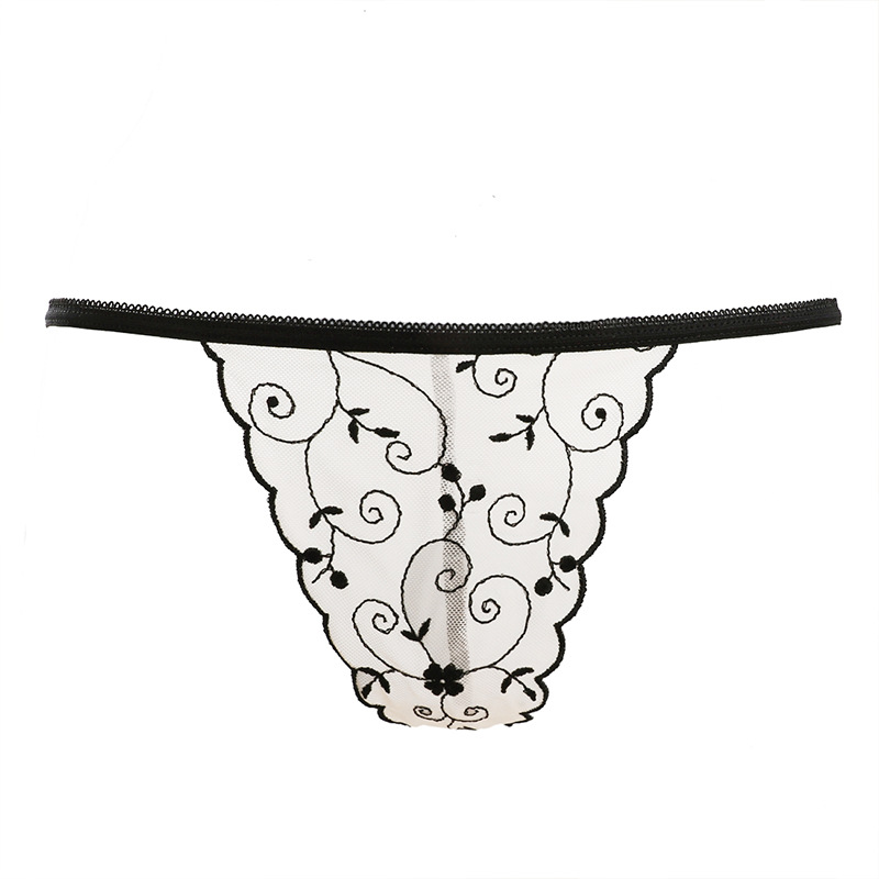 新款一片式无痕刺绣透明一条线丁字裤 女士内裤一根绳t裤情趣诱惑