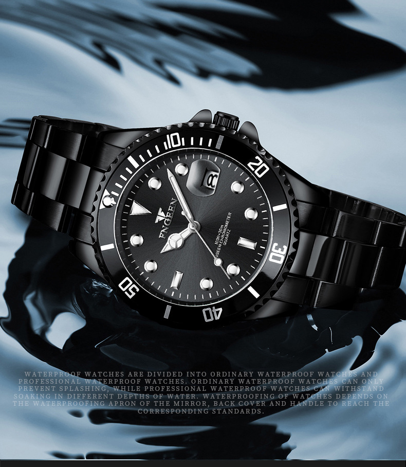 芬尊fngeen夜光绿水鬼手表男士石英表运动风精钢带日历表外贸新款