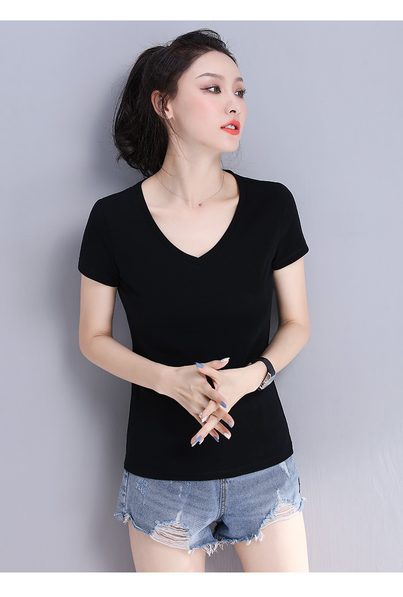 纯黑色v领t恤女短袖修身夏女装2021新款潮体恤紧身上衣黑色短款