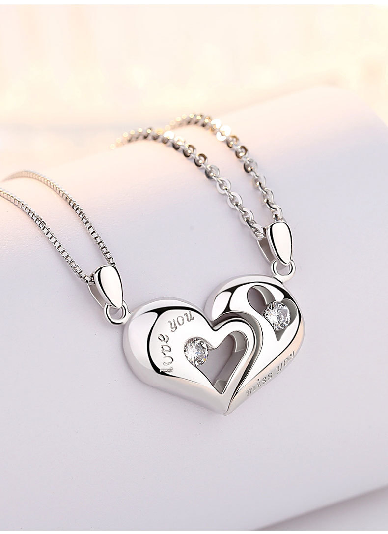 拼接情侣心吻项链女纯银心碎时分锁骨链一对字母love字爱心形吊坠