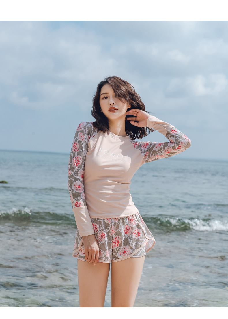 韩版ins新款游泳衣女保守分体运动防晒长袖平角遮肚显瘦温泉泳装