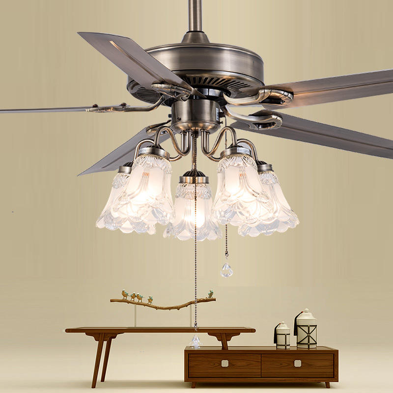 美式乡村吊扇灯 家用客厅卧室工业风吊扇铁叶木叶欧式复古风扇灯