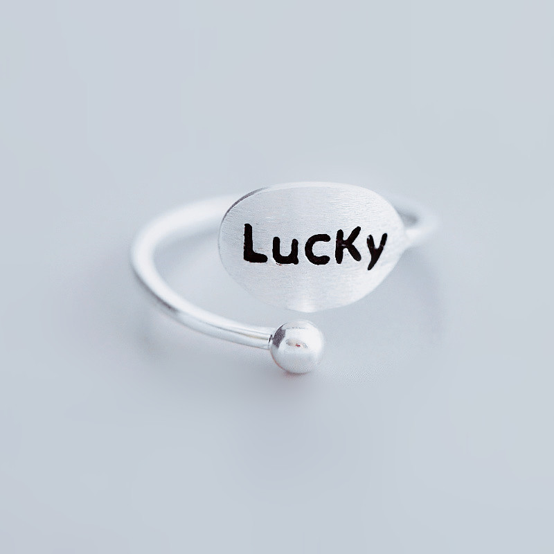 简约设计lucky字母英文戒指韩版精致拉丝素银双层个性开口戒指女