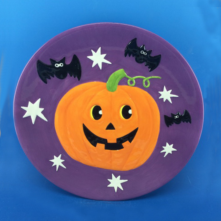 厂家直销 鬼节彩绘陶瓷南瓜蝙蝠盘子 大号欧式简约万圣节陶瓷盘
