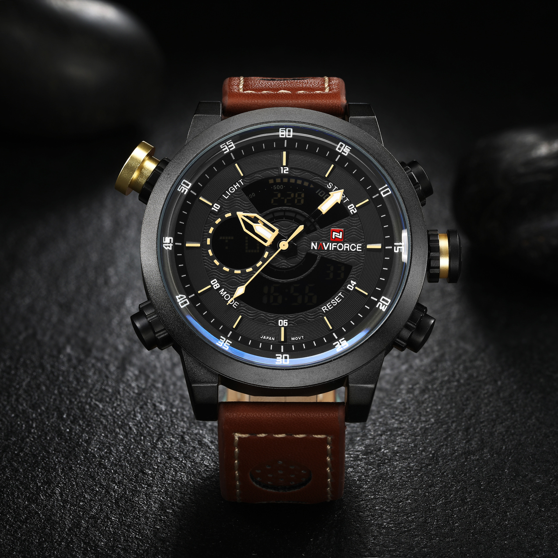 正品领翔naviforce男士大表盘皮带防水多功能户外运动手表9081