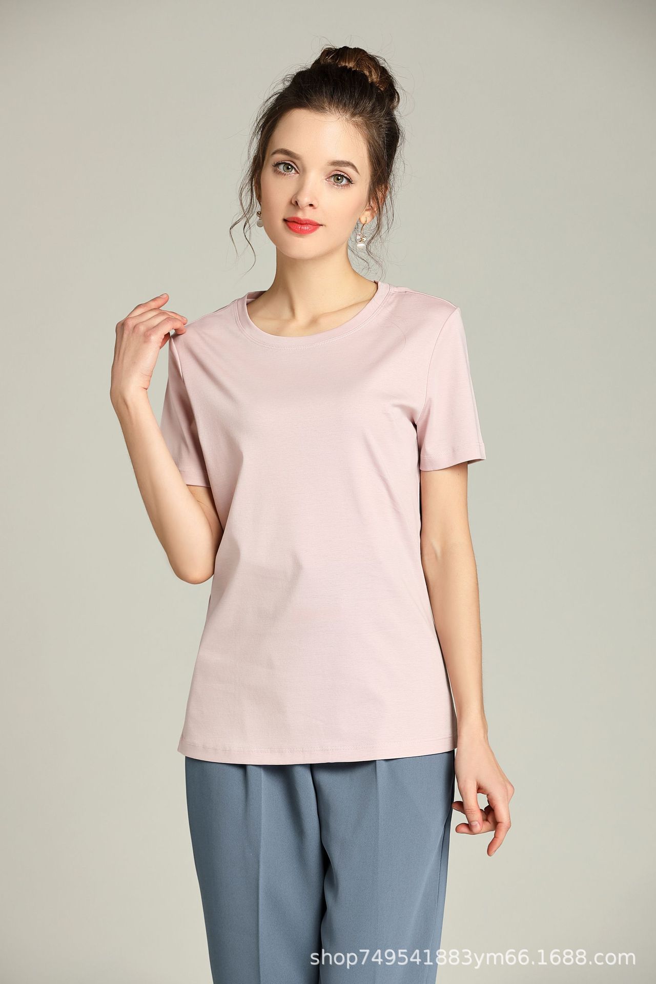 80支双面丝光棉短袖t恤女夏2019简约圆领基础款百搭纯色半袖t恤