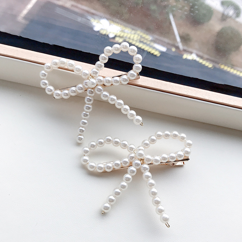 复古白色珍珠发夹网红款韩国蝴蝶结女士成人鸭嘴夹子韩版日系简约