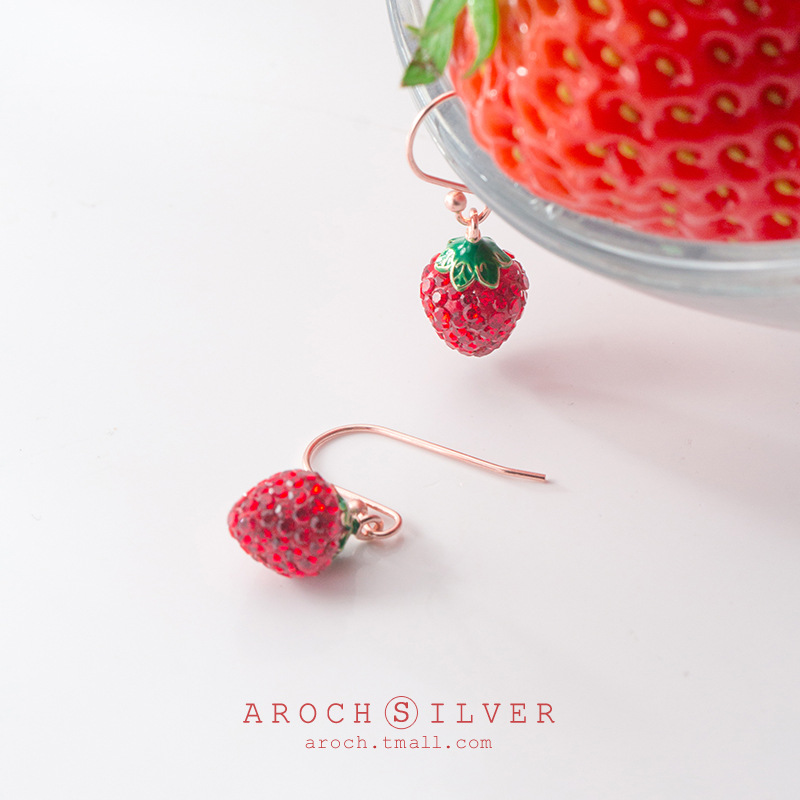 s925银耳环女韩版小清新镶钻草莓耳环可爱少女心水果耳饰品G1308