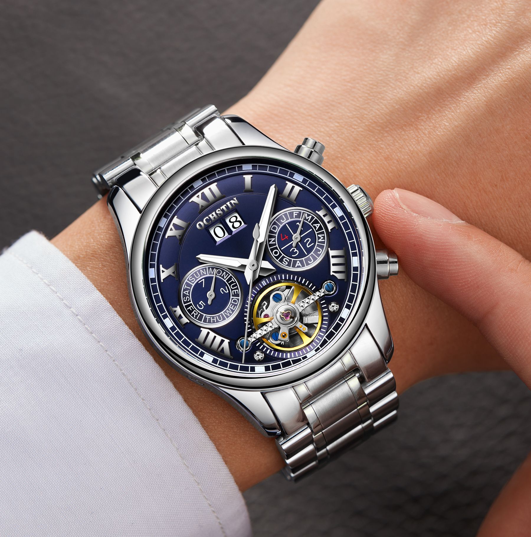 ochstin奥古斯登新陀飞轮全自动机械表实心钢带男士高档机械男表