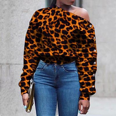 亚马逊独立站热卖非洲女装性感豹纹斜肩纽扣上衣