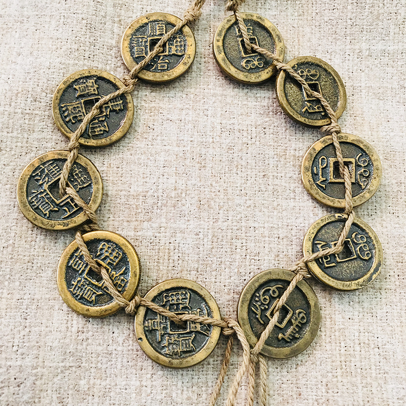 仿古铜钱挂件 黄铜做旧包浆加厚五帝铜钱 麻绳五帝钱串 一套五帝