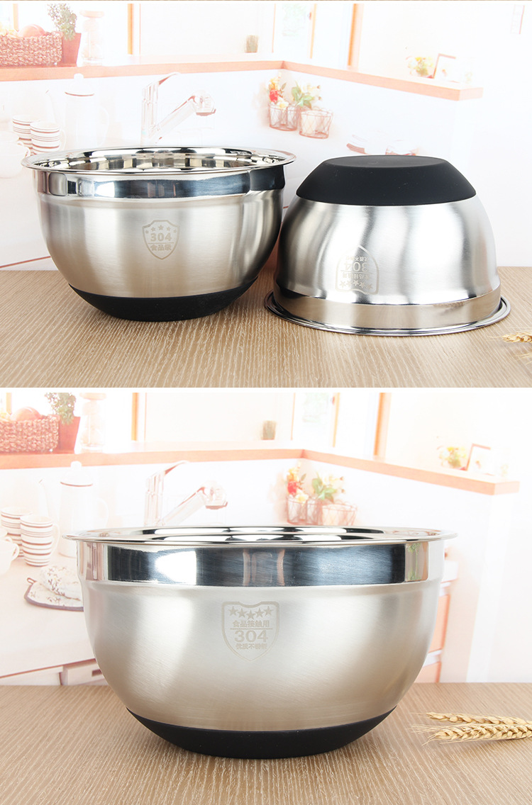 批发304特厚硅胶底防滑不锈钢打蛋盆色拉碗沙拉盆和面盆洗米盆