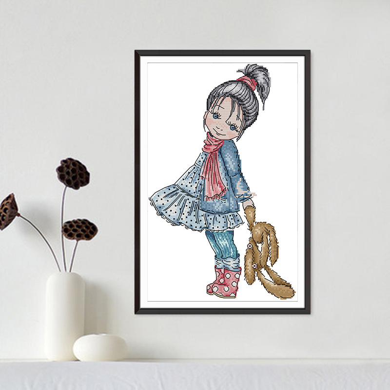 跨境外贸新款diy十字绣卧 卡通人物小女孩装饰刺绣壁挂画一件代发