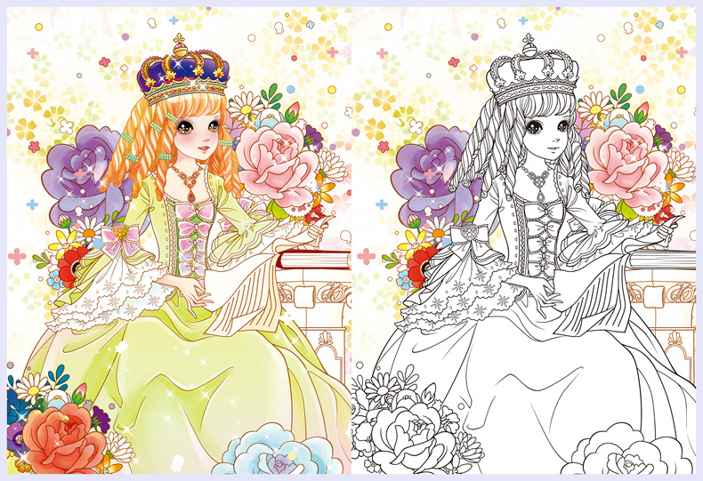 涂色画《公主炫彩涂色画花国仙子》小公主画画女孩公主画少女仙子