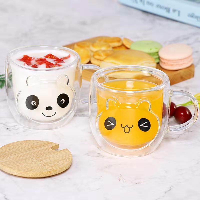 邻缘创意熊猫双层玻璃杯猫抓可爱学生杯子透明猫爪家用水杯女