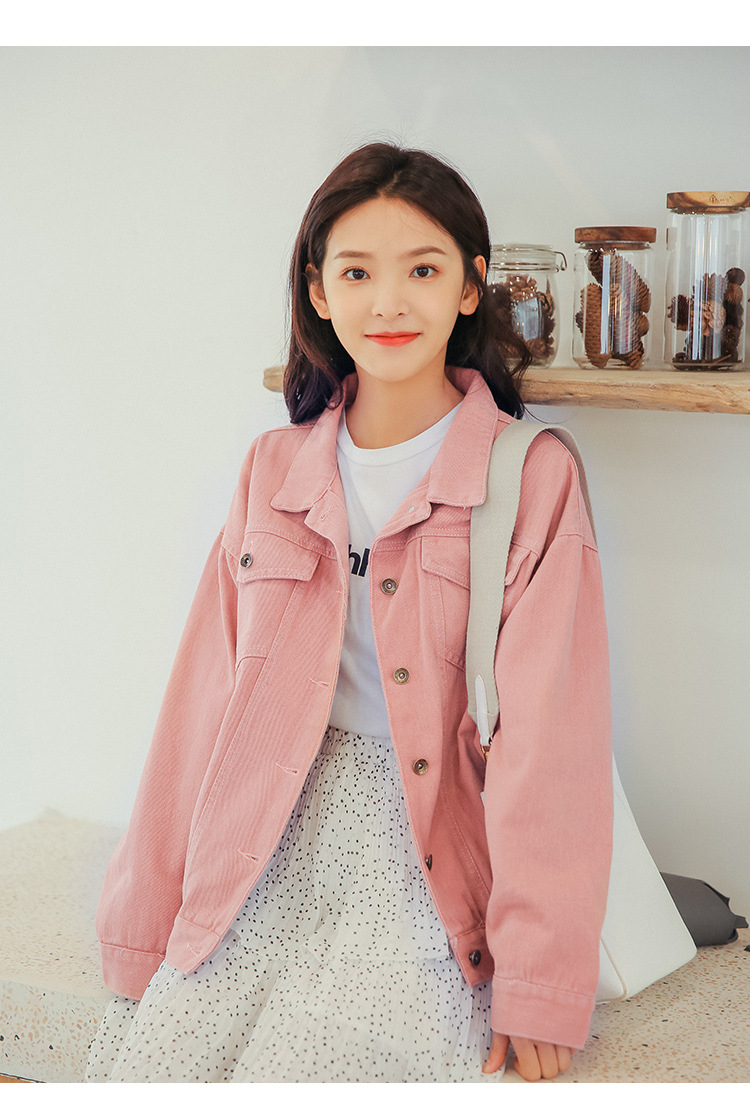 港风粉色牛仔外套女长袖2019春季新款韩版chic宽松学生夹克外套女