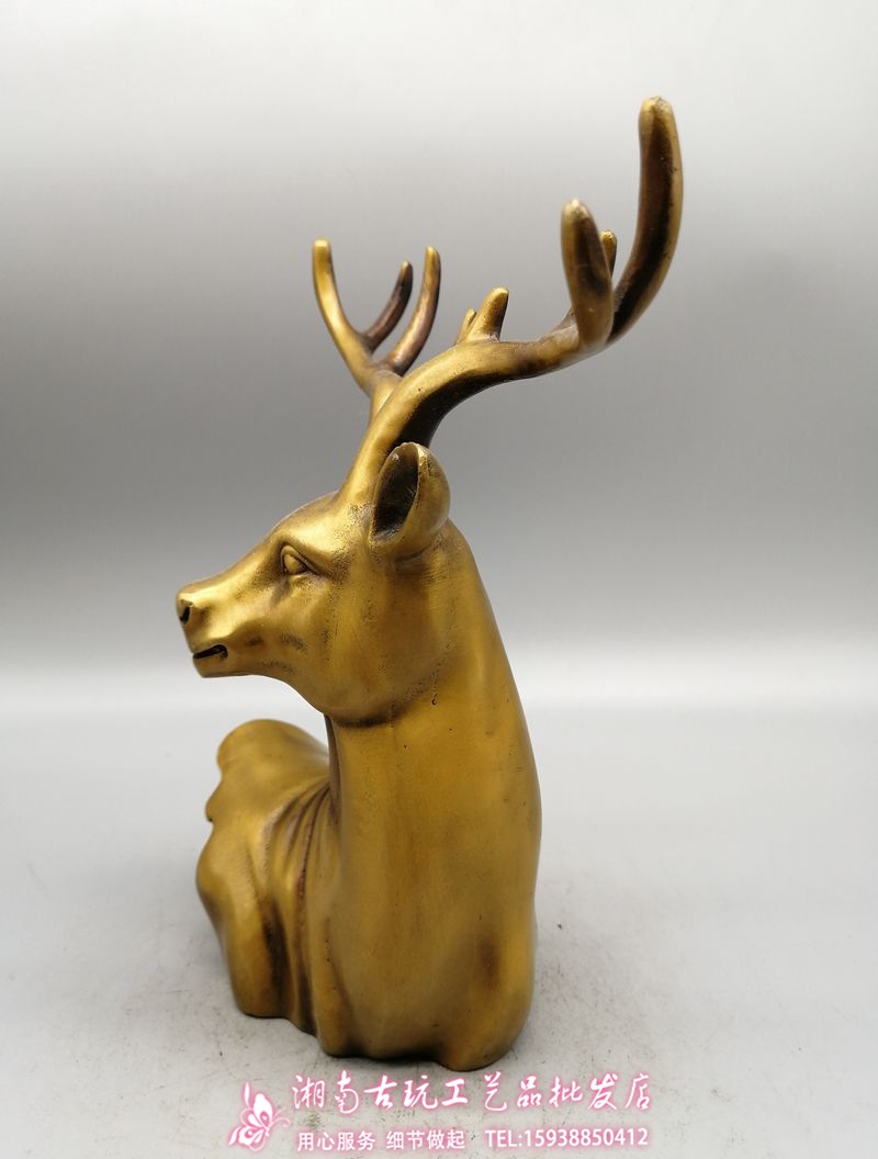 古玩收藏 仿古纯铜铜器 老铜包浆 实心黄铜鹿头摆件 工艺精湛