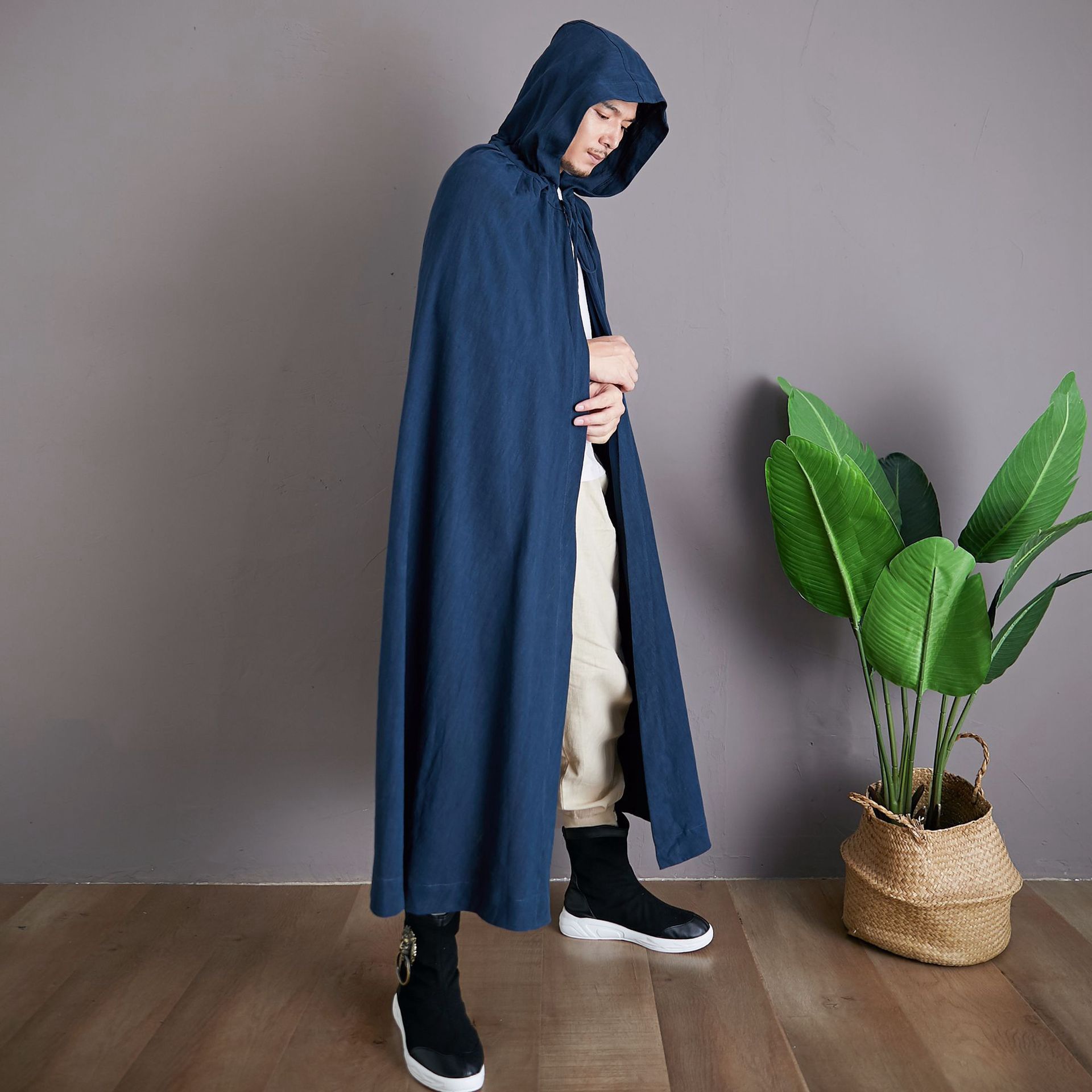 古装男侠客刺绣斗篷装亚麻宽松连帽披风男古风男装风衣长袍中国风