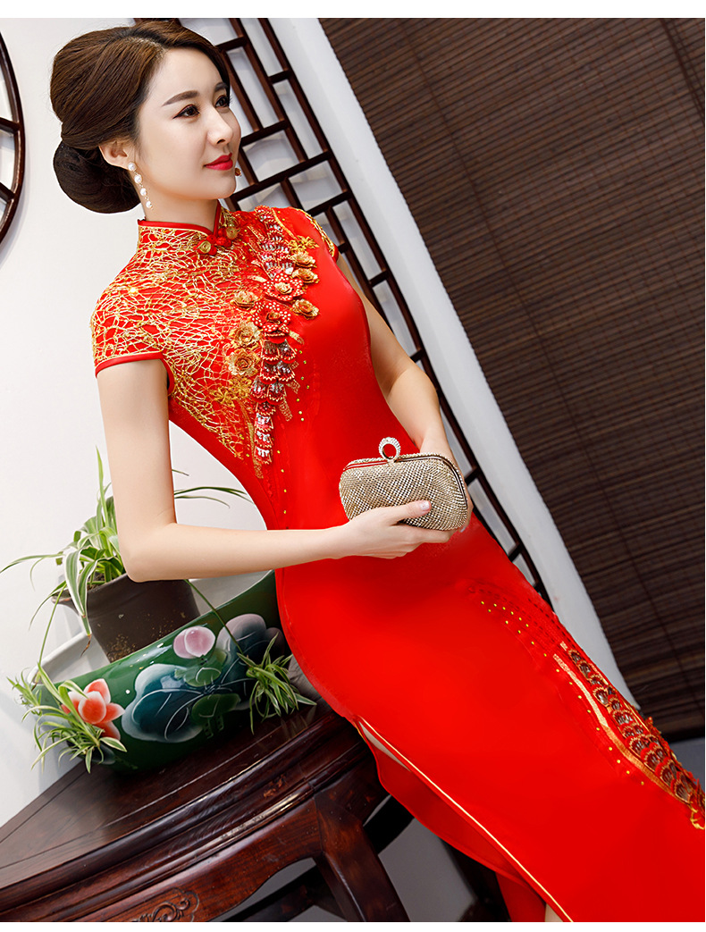 红色锦缎旗袍长款优雅气质女宴会走秀演出复古改良中国风连衣裙女