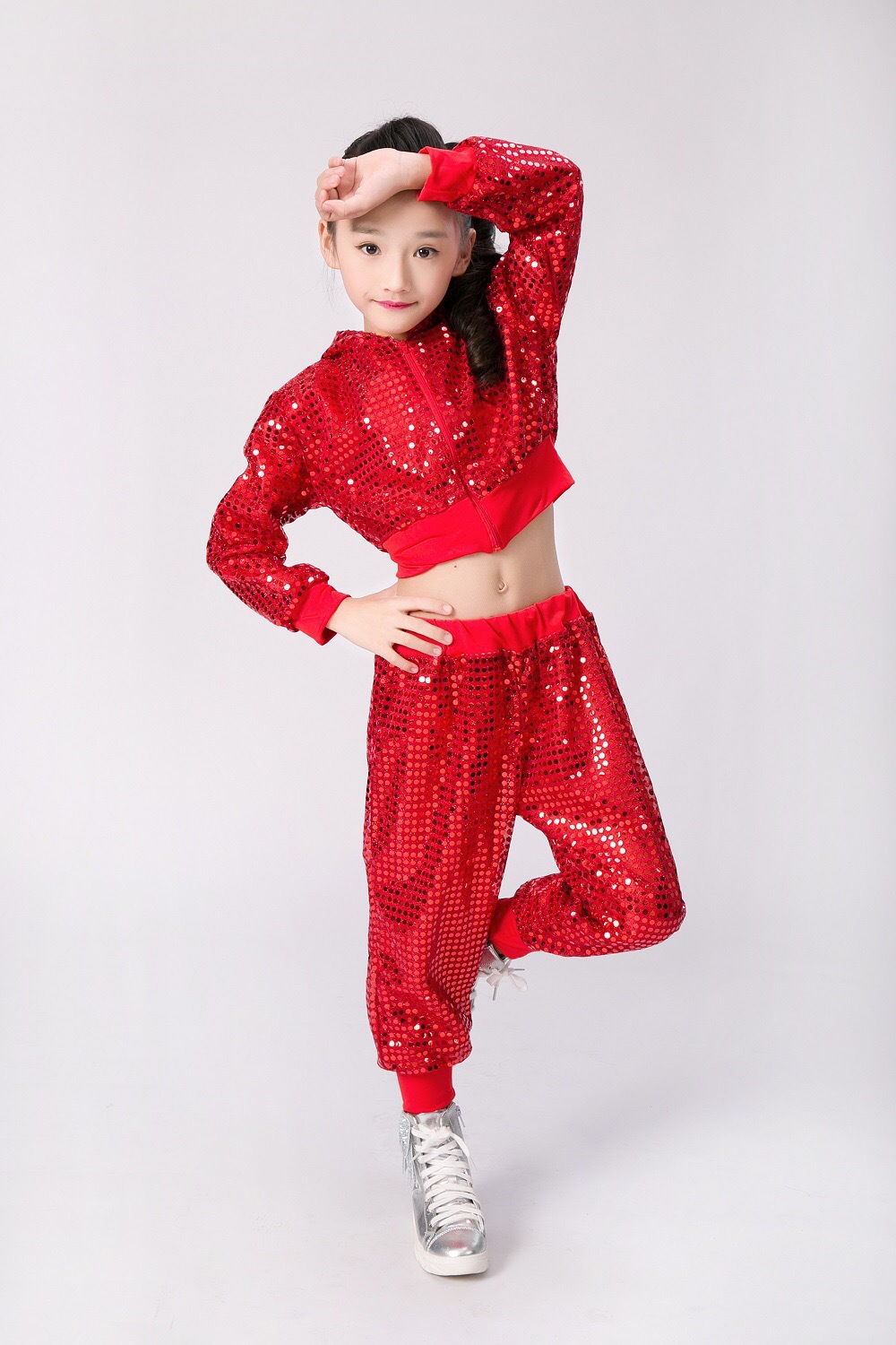 六一女童爵士舞演出服儿童舞蹈舞台表演服女孩露脐亮片长裤套幼儿