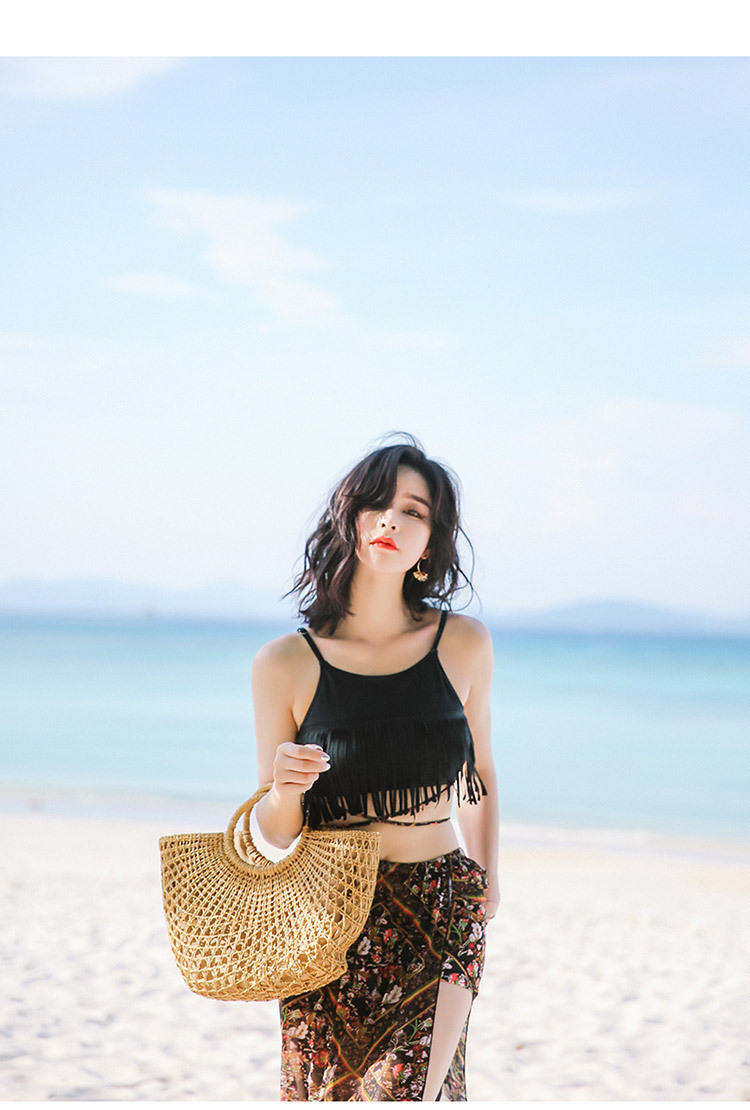 分体泳衣 女性感平角比基尼三件套 长裙流苏民族风印花沙滩游泳衣