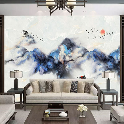 新中式简约抽象墙纸水墨意境山水壁画客厅背景墙卧室装饰画壁纸