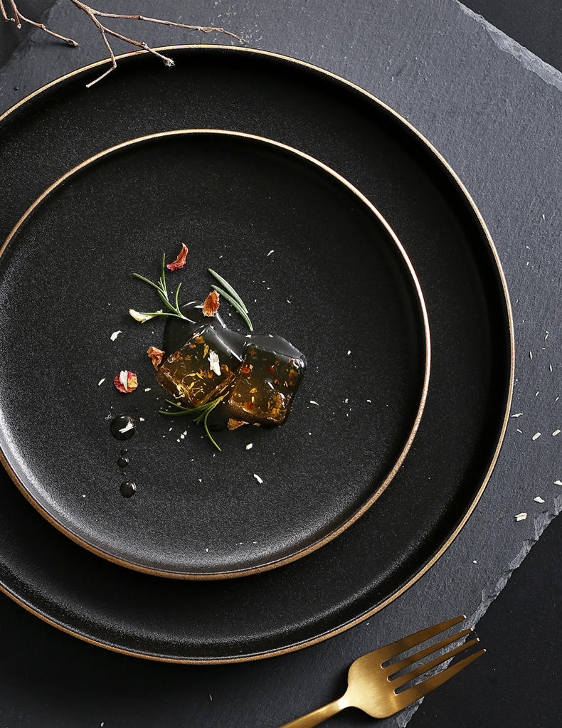 陶瓷餐具黑色磨砂金边牛排盘子高档酒店家用西餐盘沙拉盘子菜盘碟