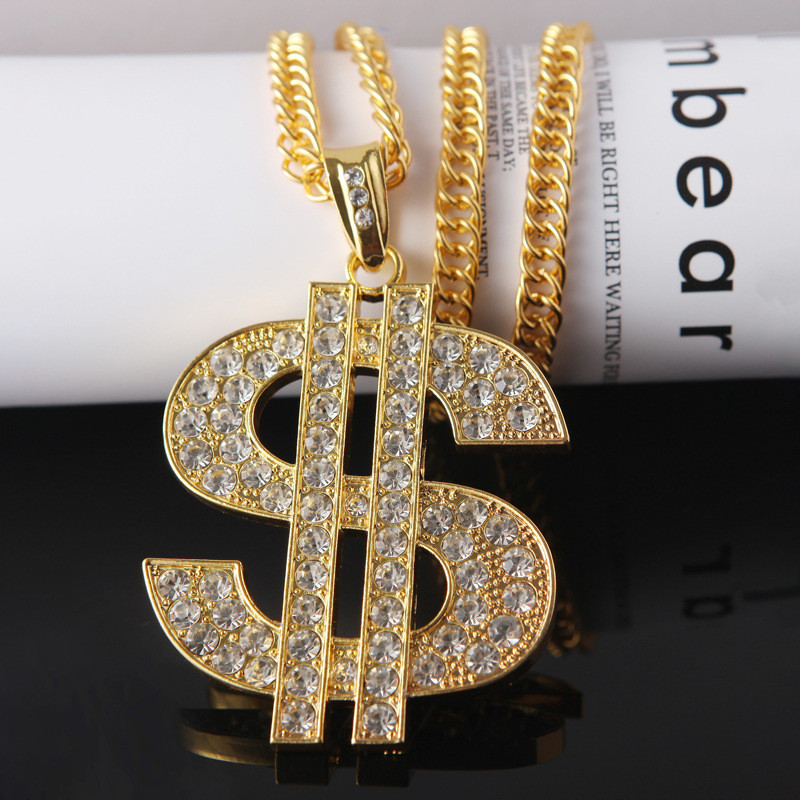 European and American Exaggerated Hip Hop Domineering Coarse Dollar Symbol Necklace Alloy Diamond-Embedded Unique Hipster Hipster Large Pendant Ornament