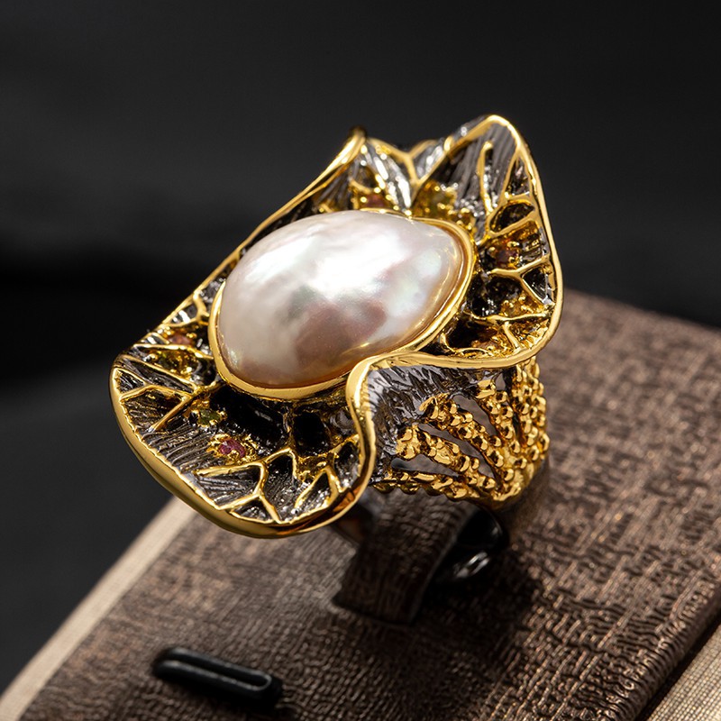 珠宝混批巴洛克珍珠戒指原创设计意大利工艺高贵花形双色s925手饰