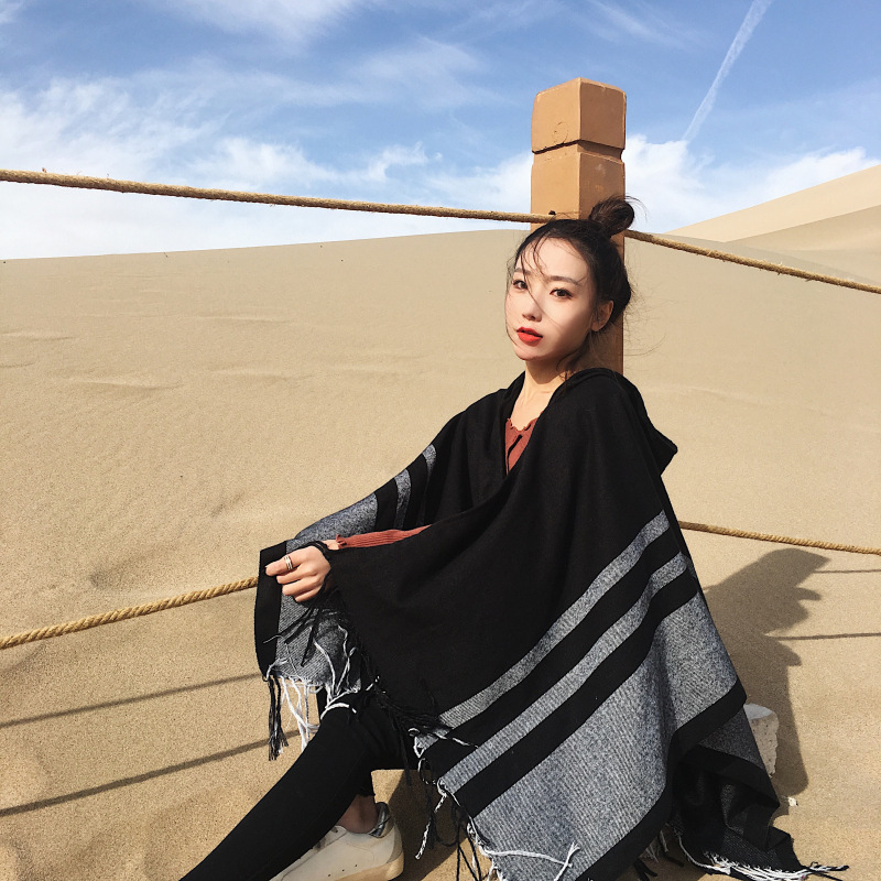 Ethnic Style Talma Cloak Dual Purpose Scarf Cashmere-like Parallel Bars Warm Cloak Female Desert Travel Thickened