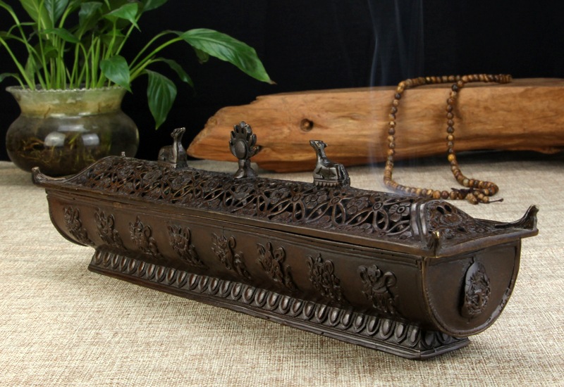 仿古纯铜卧香炉长香炉八宝线香炉摩尼宝熏香檀香炉家居摆件佛堂用