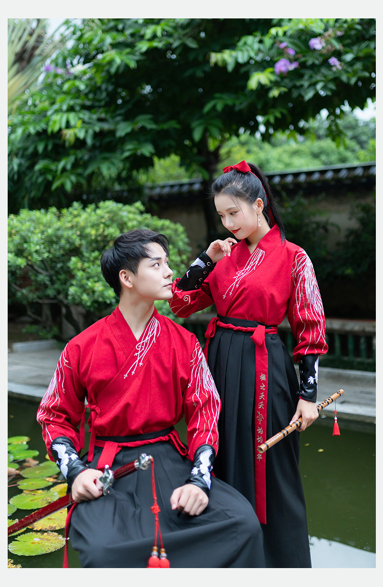 新款汉服凤羽绣花交领襦裙 武侠风日常情侣cp装 古风侠客男女套装