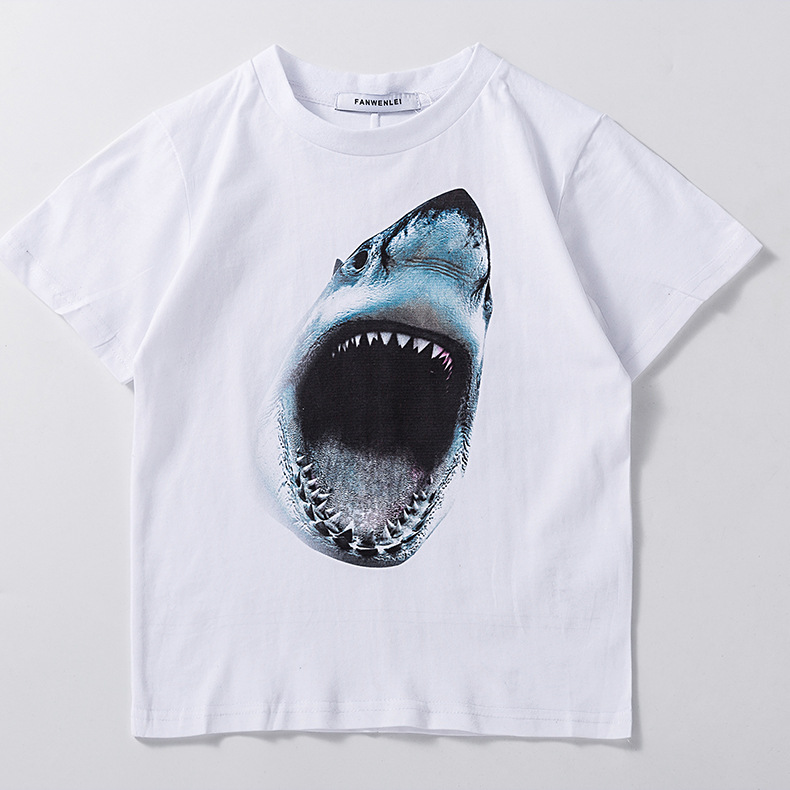 fanwenlei潮牌2019春夏新款童装鲨鱼大白鲨shark印花棉圆领t恤