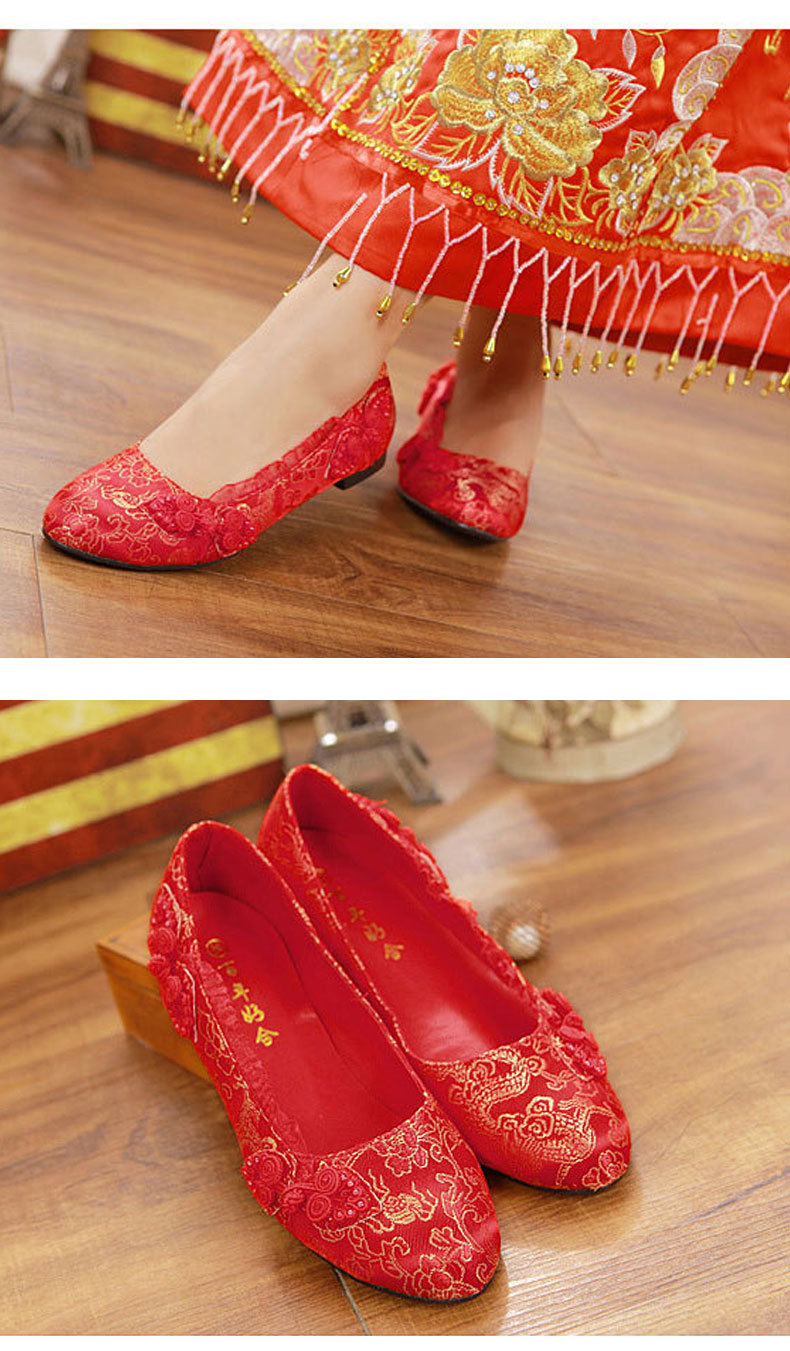3006-36新款红色绸布大码低跟旗袍鞋新娘鞋龙凤绣花鞋秀禾服女鞋