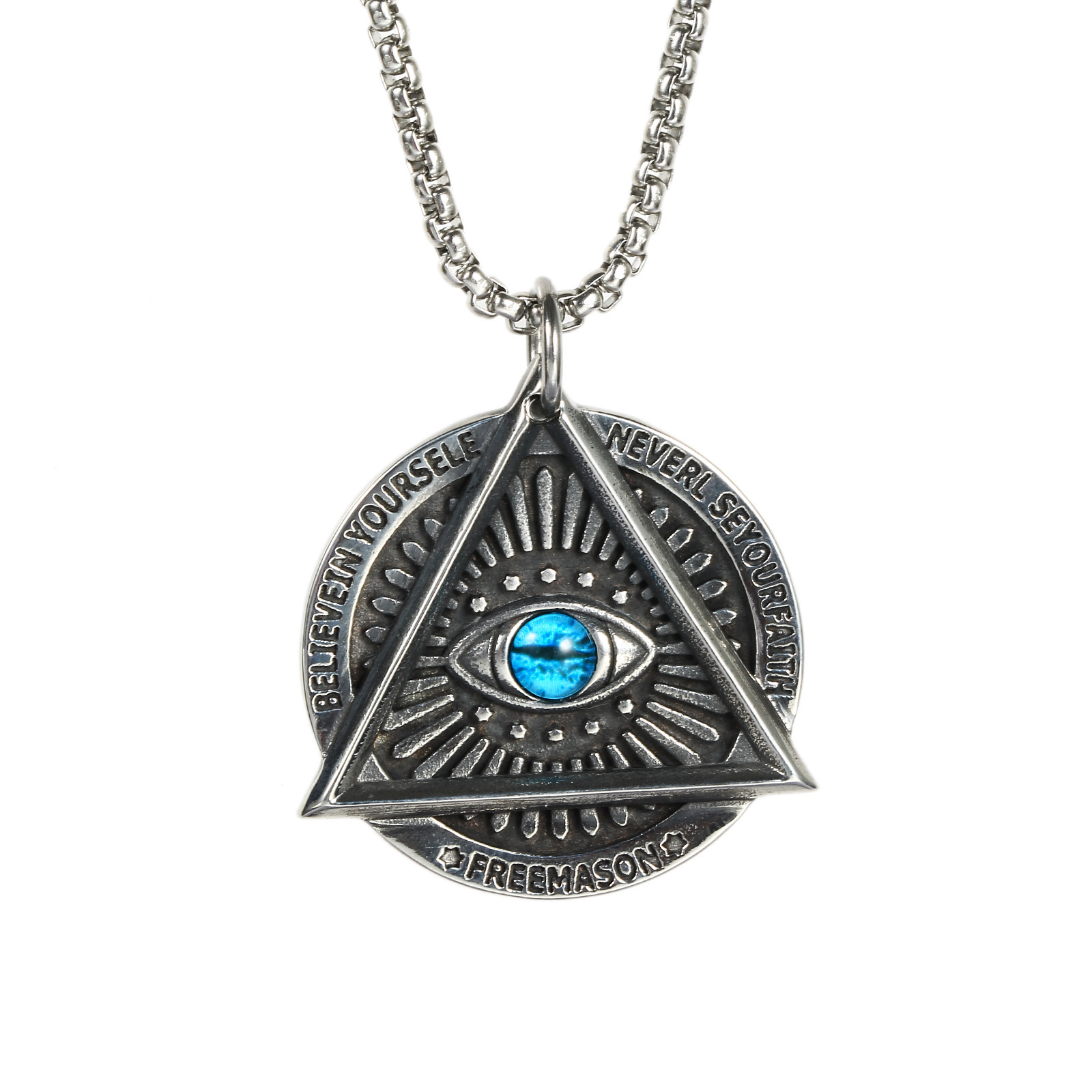 2019欧美外贸上帝之眼红蓝黄三角钛钢项链男 复古饰品 跨境亚马逊