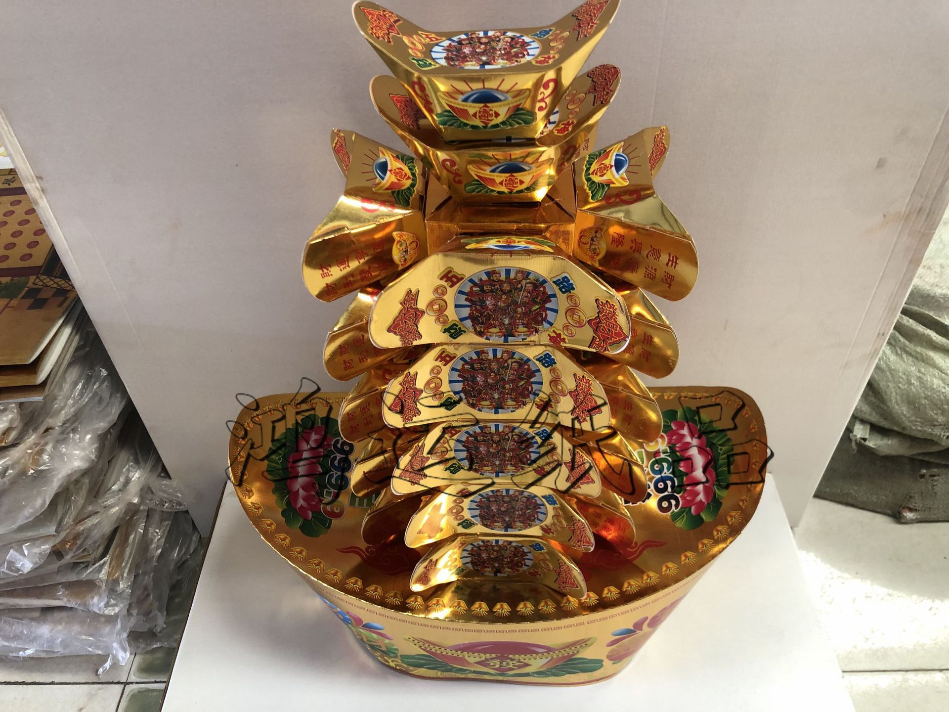 厂家直销 殡葬用品纸活 聚宝盆 新款 印金 五路元宝盆(全套)