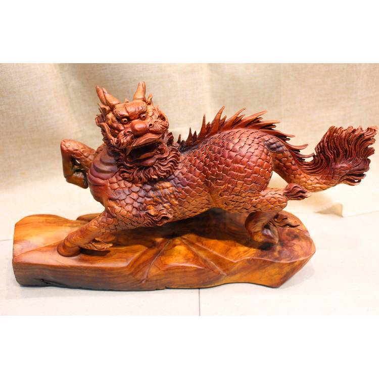 镇宅木雕麒麟红木工艺品家居客厅摆件红木缅甸花梨木雕送子麒麟