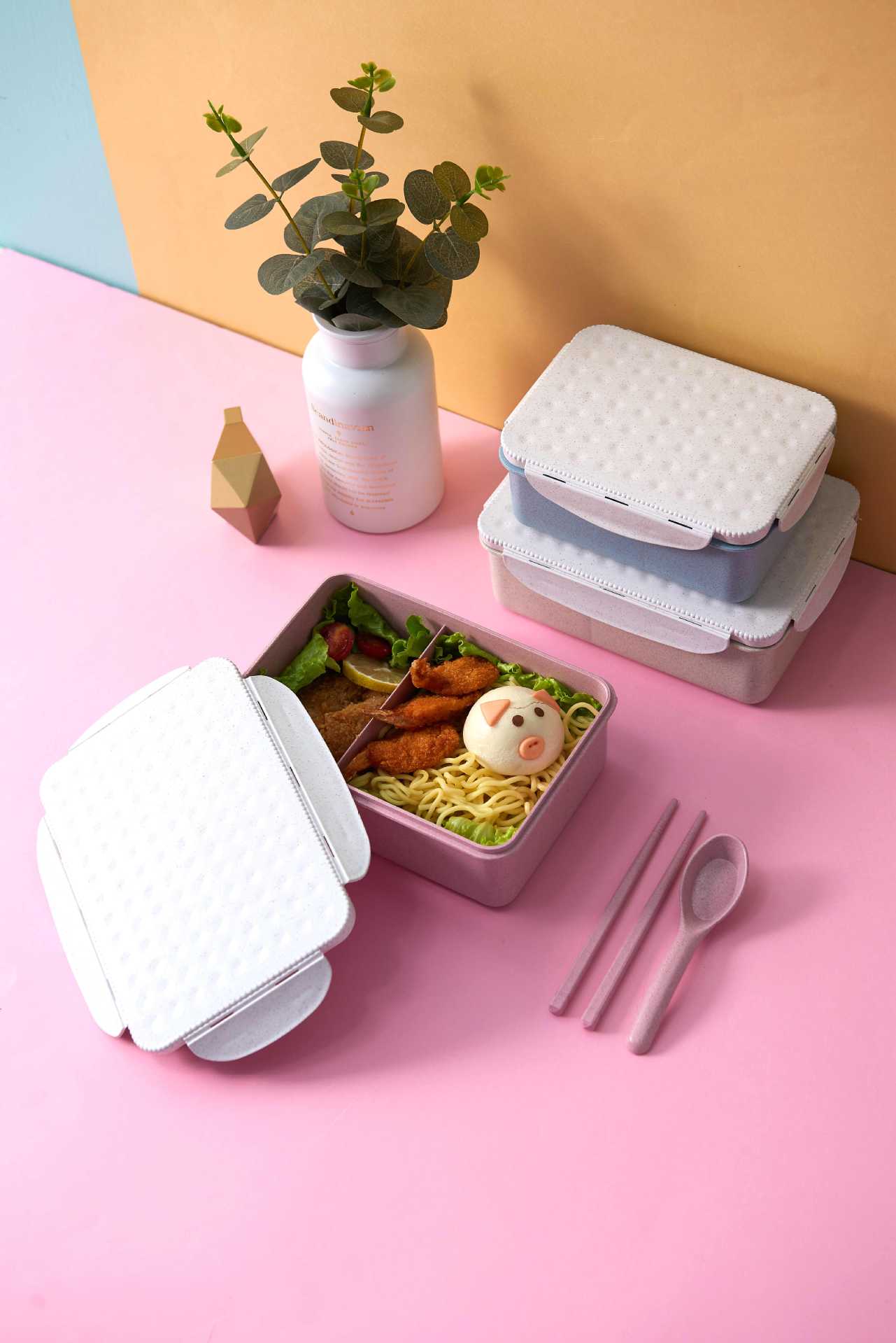 小麦秸秆饭盒保鲜分隔家用便当盒女学生带盖韩国圆方形碗餐盒