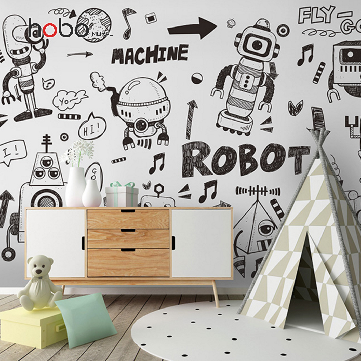 卡通机器人壁画乐高培训教育机构幼儿园墙纸儿童房男孩卧室墙布