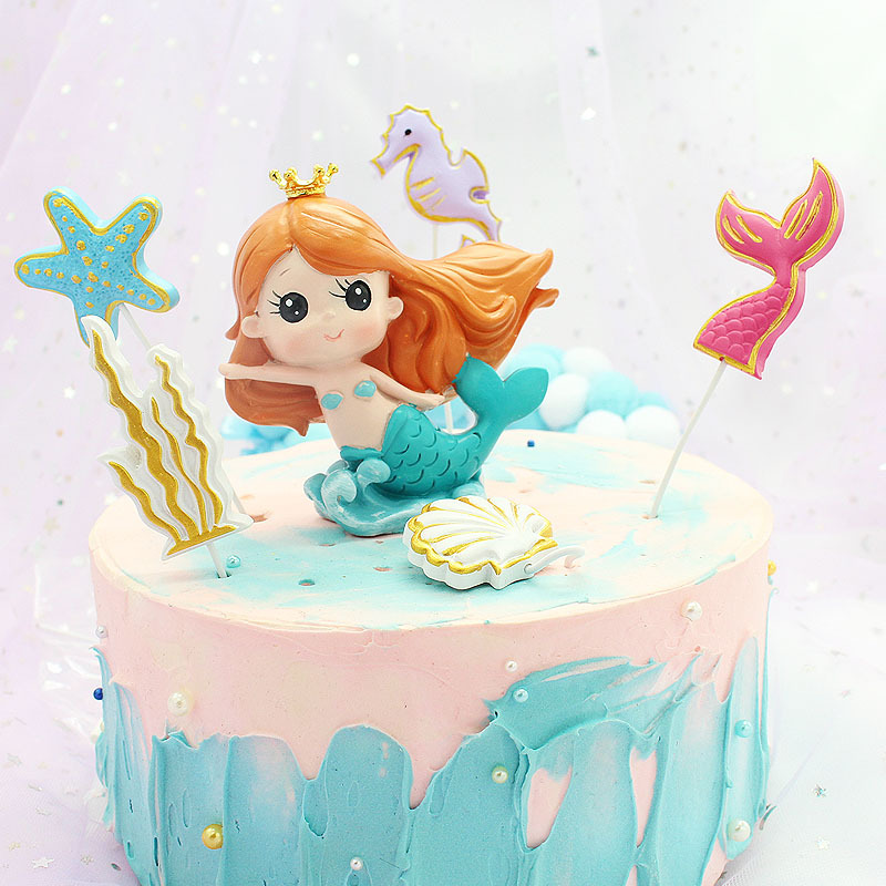 皇冠美人鱼蛋糕装饰摆件海洋主题情景烘焙生日装扮立体插牌鱼尾巴