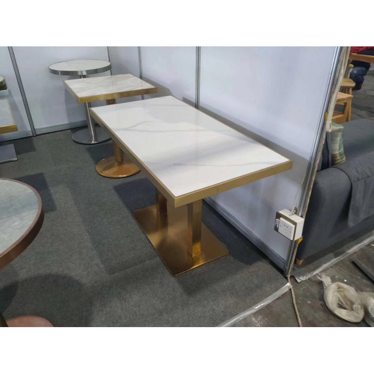 人造石餐桌酒店茶餐厅大理石餐台镀金不锈钢包边