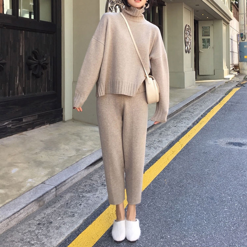 秋冬慵懒风网红女神范港味俏皮休闲针织套装女毛衣配阔腿裤两件套