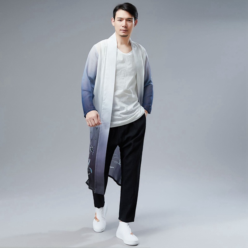 汉服男古装中国风夏装男古风雪纺外披仙气民族风长款薄外套防晒衫