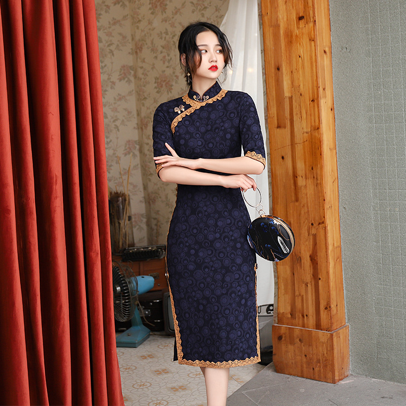 旗袍连衣裙中长款中袖蕾丝边秋冬提花旗复古文艺少女修身旗袍礼服