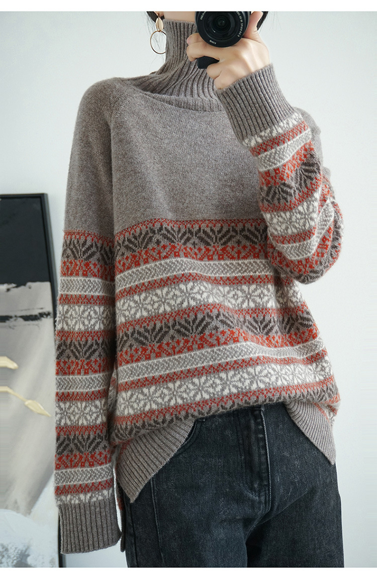 冬季新款复古高领毛衣女欧洲站费尔岛提花羊绒衫羊毛衫一件代发