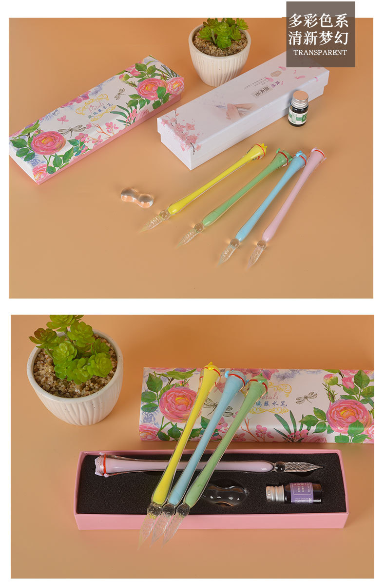 卡通招财猫玻璃笔星空玻璃笔蘸水水晶笔网红同款学生创意地摊摆件