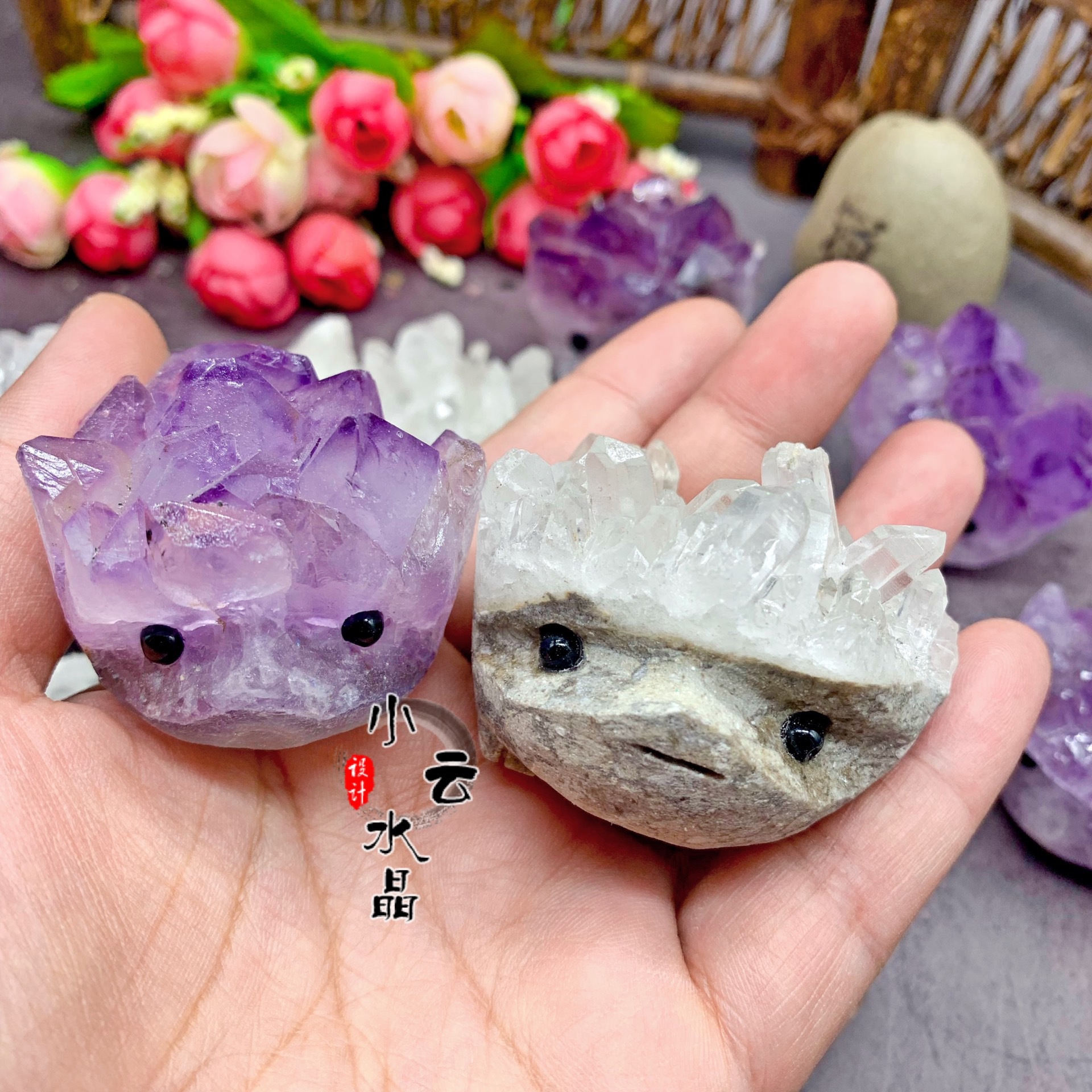 天然白 紫水晶刺猬 白 紫水晶簇原石刺猬摆件 可爱超萌刺猬摆件