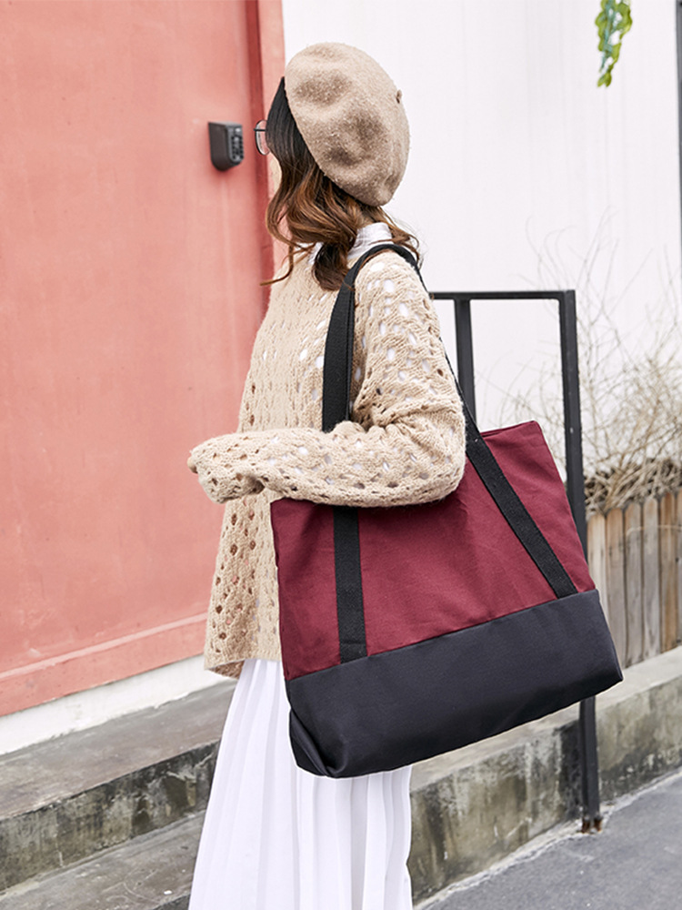 文艺帆布包女单肩休闲时尚森系宽带托特斜挎手提2019款撞色大包包