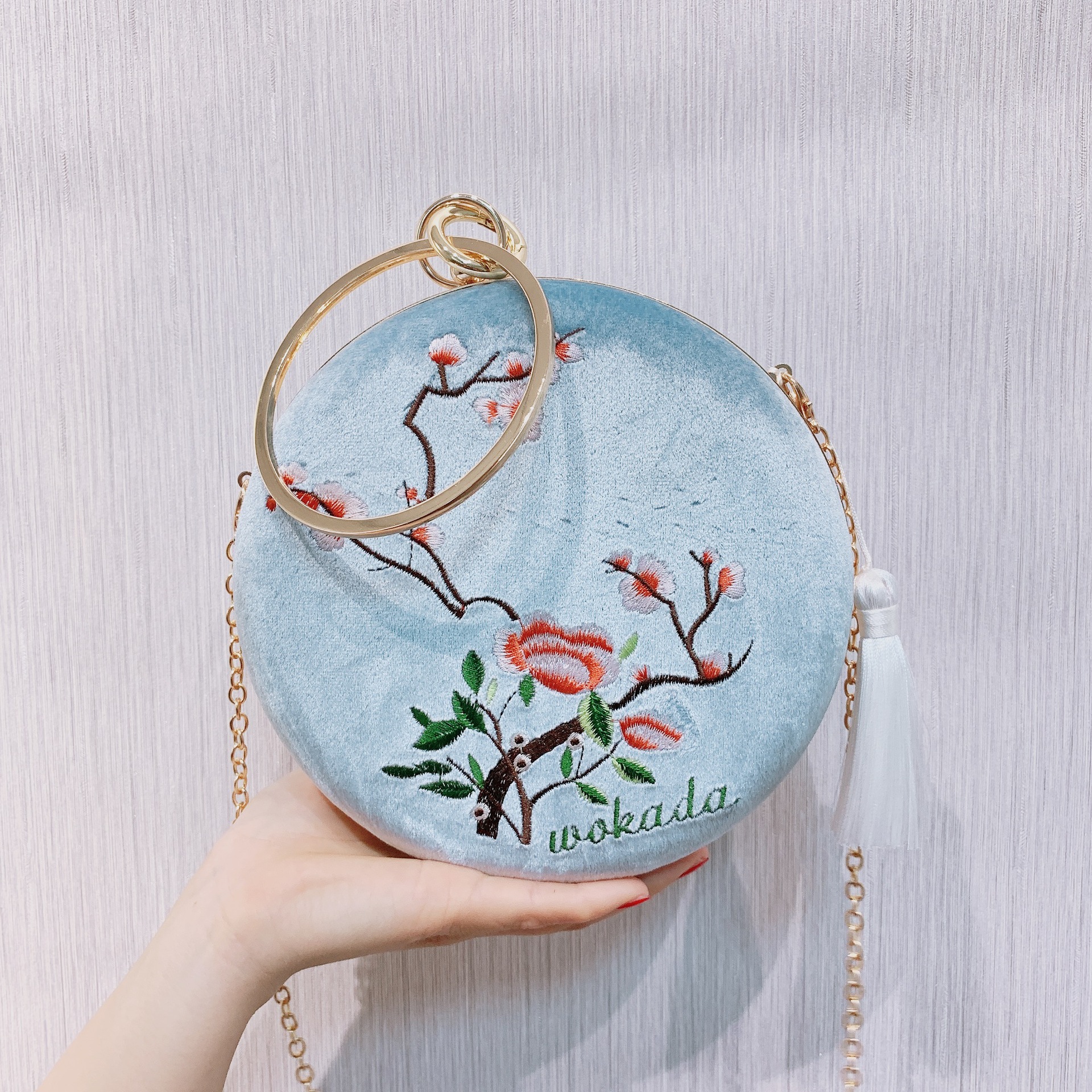 汉服包包斜跨古风新款复古绣花晚宴刺绣手拿包圆形单肩链条包女潮